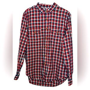 J Crew LS Shirt Mens Large Red Blue Plaid Button Up Sportsmens Outfitter